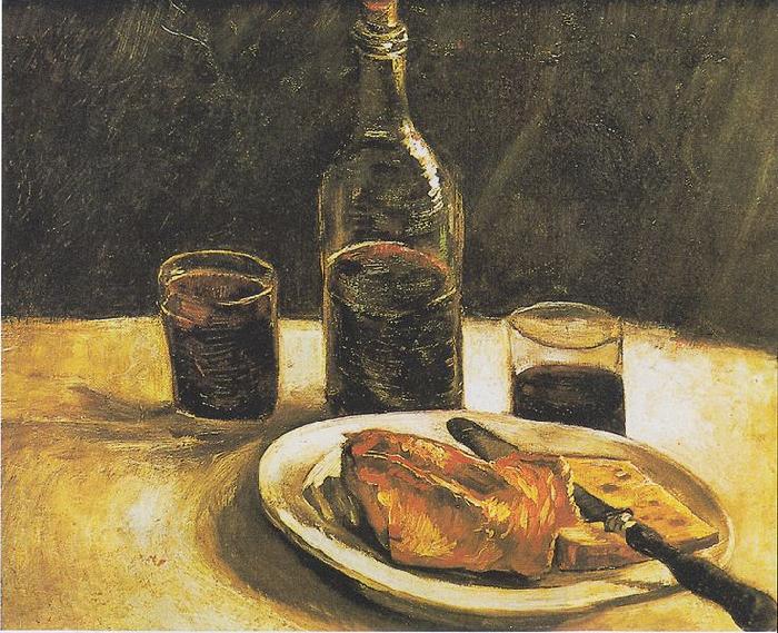 Vincent Van Gogh Still life with bottle, two glasses, cheese and bread China oil painting art